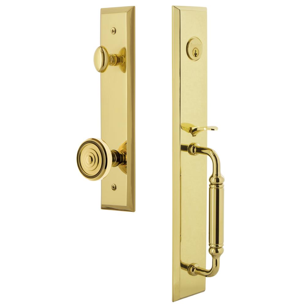 Grandeur by Nostalgic Warehouse FAVCGRSOL Fifth Avenue One-Piece Handleset with C Grip and Soleil Knob in Lifetime Brass